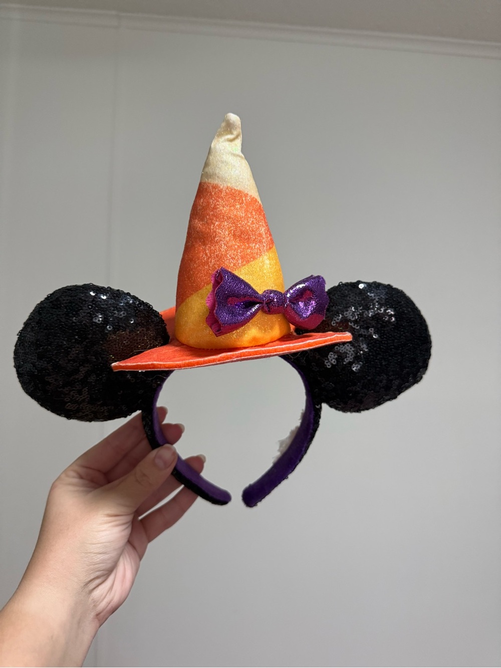 Black Sequin Mouse Ear Headband with Orange Candy Corn Witch Hat